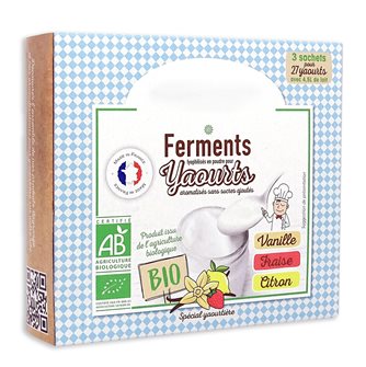 Ferments lyophilisés bio pour yaourts maison 3 parfums vanille fraise citron